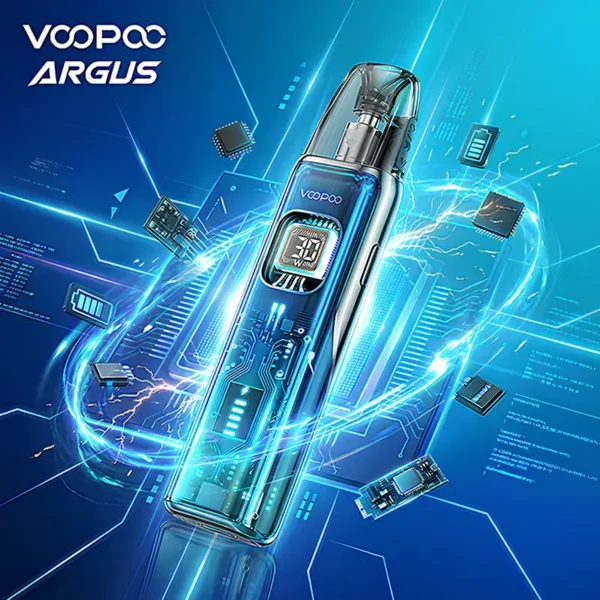 VOOPOO ARGUS Matrix 阿格斯 Matrix 電子煙主機形象主圖。展示透明機身設計、內部晶片結構與數位顯示螢幕，背景為藍色科技電流特效，強調 1350mAh 大電池與 30W 強勁輸出。