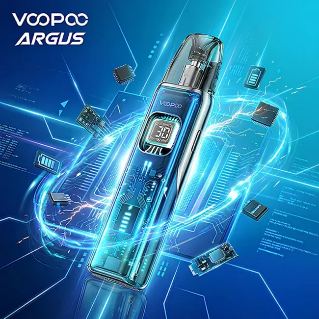 VOOPOO ARGUS Matrix 阿格斯 Matrix 電子煙主機形象主圖。展示透明機身設計、內部晶片結構與數位顯示螢幕，背景為藍色科技電流特效，強調 1350mAh 大電池與 30W 強勁輸出。