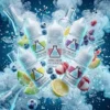 ICE LAB 冰凍實驗室 30ml 尼古丁鹽煙油主圖。畫面展示帶有雪花燒瓶標誌的高階瓶身，環繞著飛濺的冰晶碎冰、實驗室玻璃燒杯、分子結構模型、白色濃郁冷煙霧，以及藍莓、檸檬、荔枝、蜜瓜與葡萄等新鮮水果視覺，強調實驗室級精準調配的 36mg 高純度丁鹽，帶來持久不散的強力涼感與極致果香。
