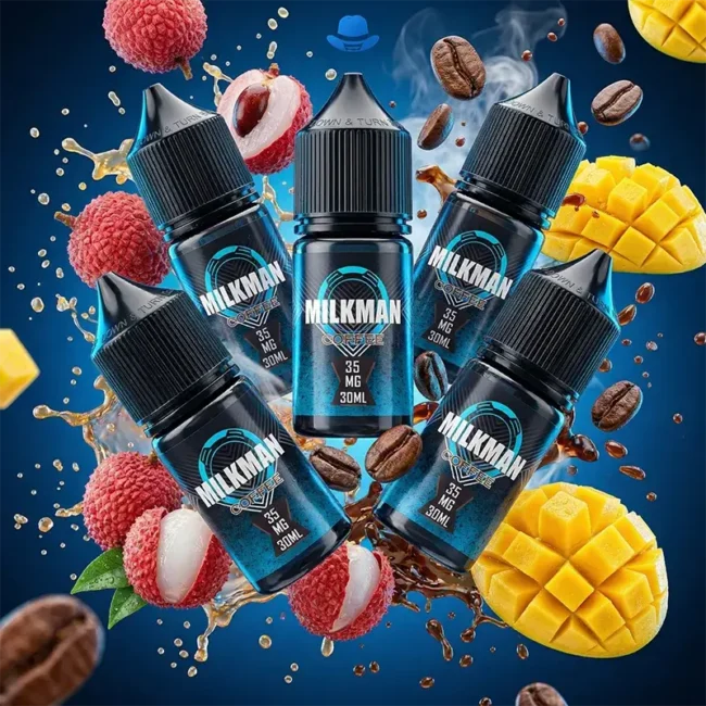 美國藍帽 Milkman 煙油主圖，展示 30ml 35mg 咖啡、荔枝與芒果等多種口味，瓶身環繞著新鮮水果與咖啡豆。專為小煙設備設計的日常口糧