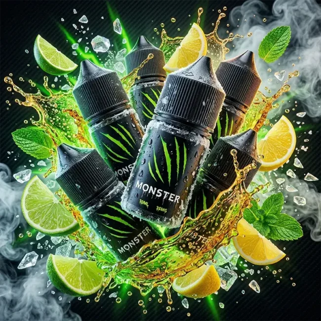 MONSTER 魔爪能量飲料同款煙油 30ml 尼古丁鹽主圖，展示 35mg 高濃度系列。畫面包含經典爪痕標誌瓶身、新鮮柑橘片、薄荷葉、冰鎮碎冰與飛濺液體視覺，強調「3秒速效提神」感官衝擊與 FDA 認證美國進口原料。適合小煙設備，口感順滑不鎖喉。內含尼古丁