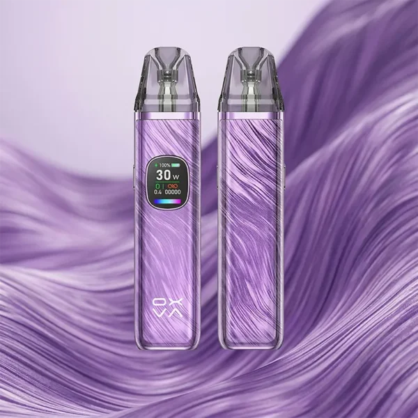 OXVA XLIM PRO 2 小蠻牛二代電子煙主機羽毛紫配色，展示 0.56 吋高清彩屏與 30W 輸出介面，內建 1300mAh 超大電量