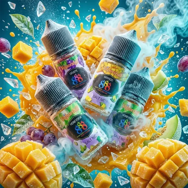 馬來西亞原裝 Vaporshill 888 芒果冰沙口味 30ml 煙油瓶身主圖。畫面包含飛濺的新鮮芒果果肉、冰晶、雪花與白色濃郁煙霧，環繞熱帶植物葉片無視覺，強調彷彿置身熱帶果園的天然甜味與沁涼冰沙口感。專為小煙設備打造，不含焦油，安全健康。