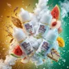 Dr.SALT 鹽博士一代尼古丁鹽小煙煙油全系列合集，展示 30ml 容量的純煙草、水蜜桃、莫吉托等多款經典口味，伴隨濃郁煙霧與新鮮水果飛濺的視覺特效